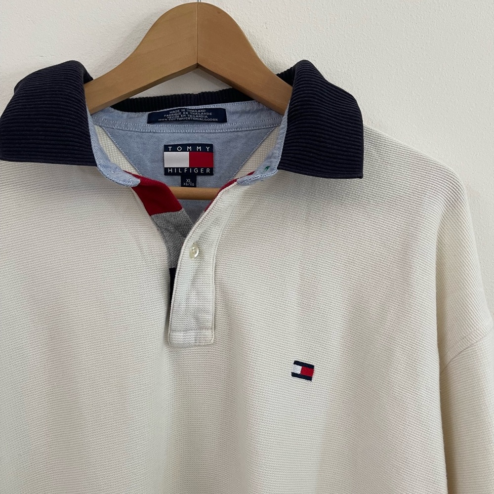 Tommy Hilfiger Polo Rugby Long Sleeve Collared Shirt XL y2k Navy Cream Off White